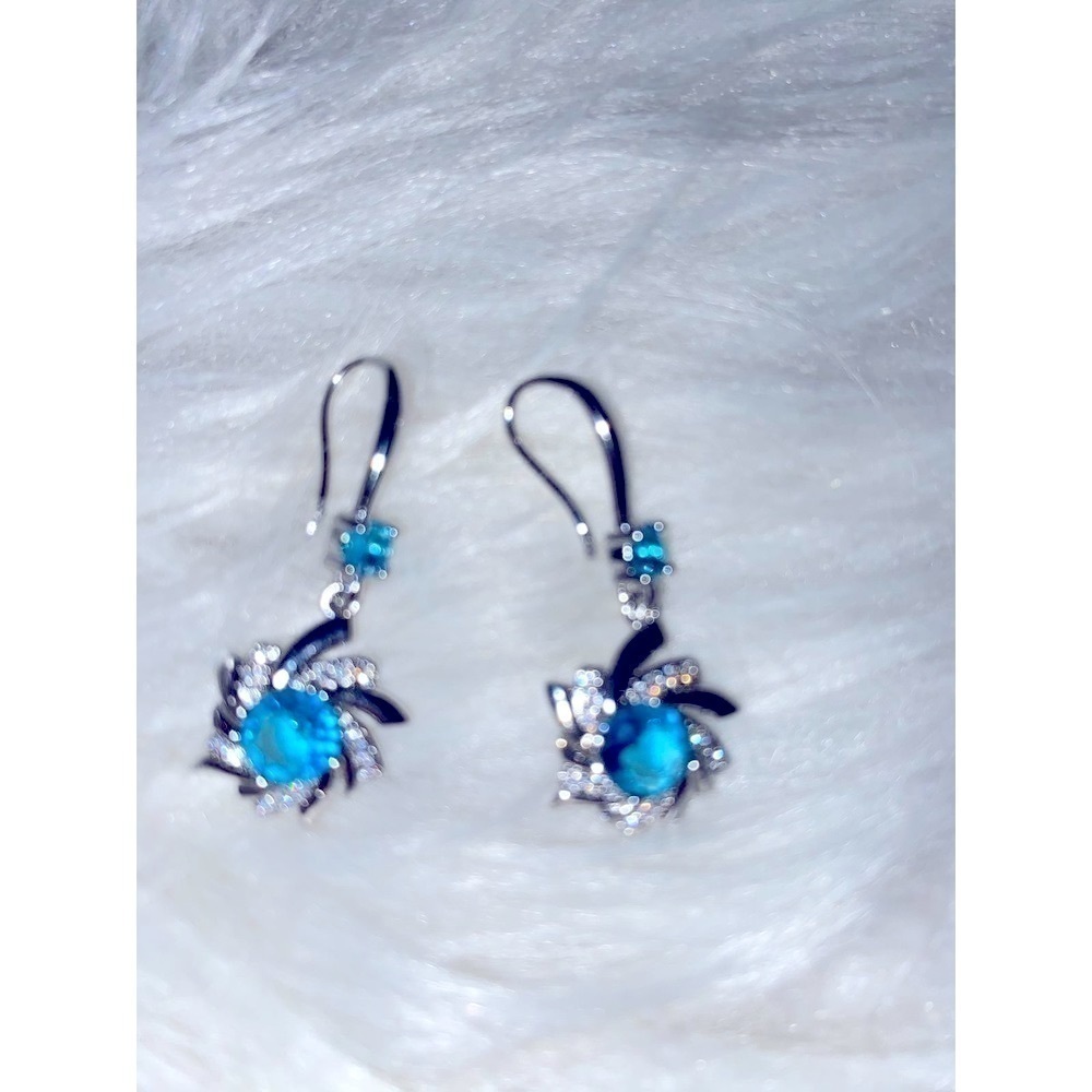 Elegant water drop Zircon blue plated, floral earrings